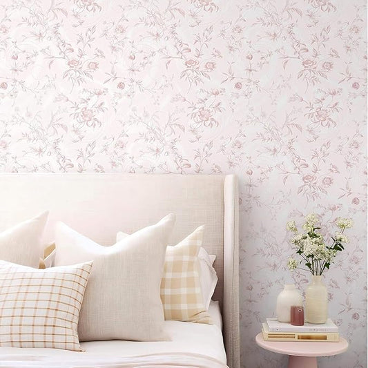 Ismoon Floral Wallpaper Peel and Stick Pink Stick on Wall Paper Vintage French Contact Paper for Cabinet Textured Removable Self Adhesive Wallpaper Vinyl Roll Shelf Deco, 17.3x787in
