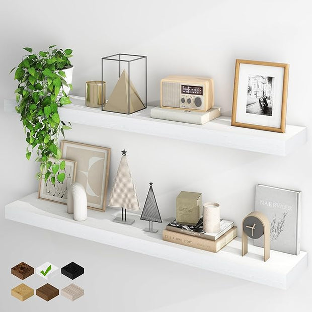 Fun Memories Floating Shelves for Wall, 48Inch Floating Shelves Set of 2, Hanging Shelf with Invisible Brackets, Wood Shelves for Living Room, Bedroom, Kitchen, White