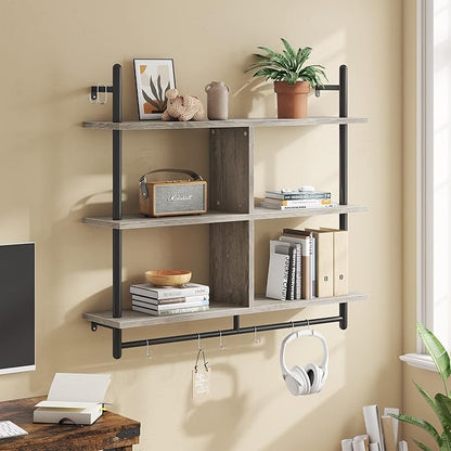 Bestier 41" Floating Kitchen Shelves Wall Mounted 3 Tier Coffee Bar Mug Shelf Hanging with 8 Hooks Display Plant Pipe Shelving for Living Room Kitchen Bathroom Balcony, Retro Grey