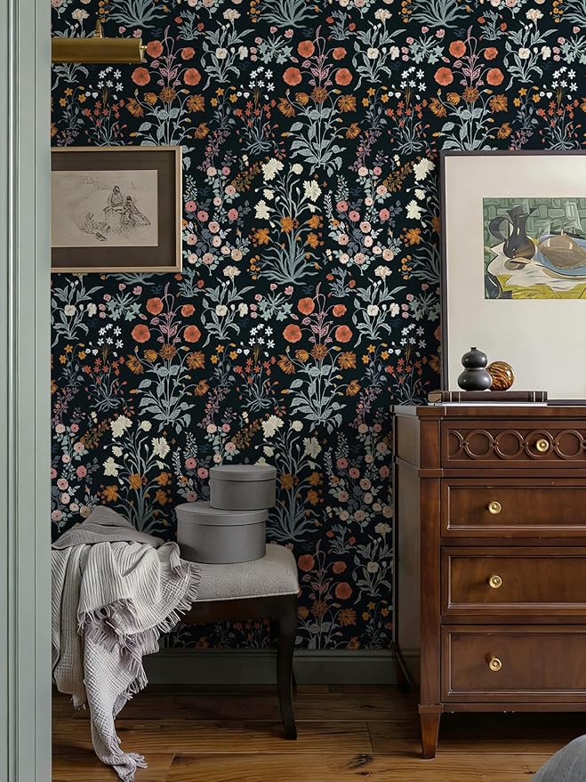 Floral Peel and Stick Wallpaper Vintage Wallpaper Dark Blue Wall Paper Wildflower Contact Paper for Cabinets Vinyl Renter Friendly Waterproof Self-Adhesive Bathroom Kitchen Bedroom 393