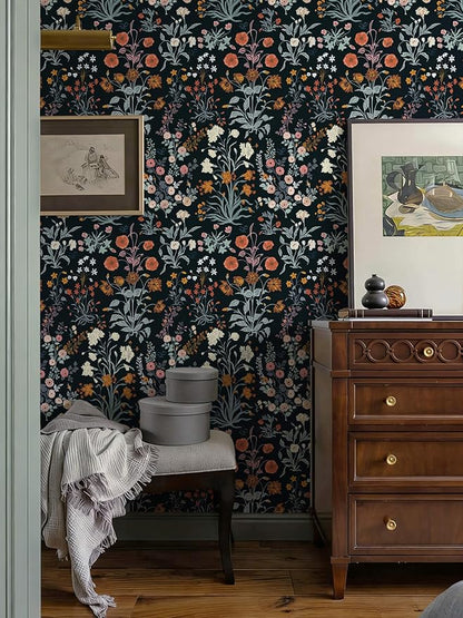 Floral Peel and Stick Wallpaper Vintage Wallpaper Dark Blue Wall Paper Wildflower Contact Paper for Cabinets Vinyl Renter Friendly Waterproof Self-Adhesive Bathroom Kitchen Bedroom 393"×17.3"