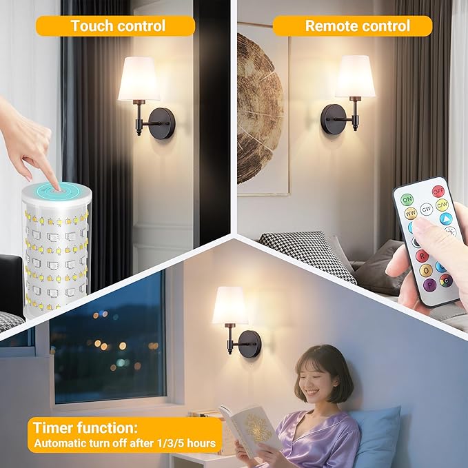 Peel and Stick Wall Sconces, Stick On Wall Sconce Set of 2, Battery Operated Wireless Wall Light, No Drill Adhesive Wall Lamp, Corn Bulb with 10000mAh Rechargeable Battery, Bedroom Wall Decor