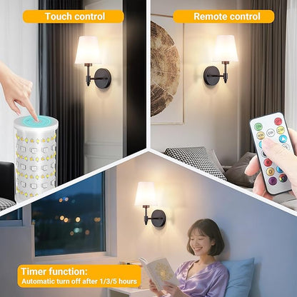 Peel and Stick Wall Sconces, Stick On Wall Sconce Set of 2, Battery Operated Wireless Wall Light, No Drill Adhesive Wall Lamp, Corn Bulb with 10000mAh Rechargeable Battery, Bedroom Wall Decor