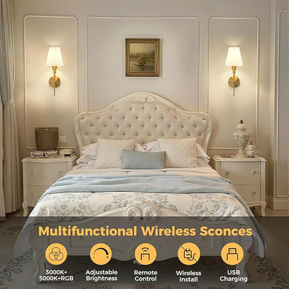 DORESshop Battery Operated Wall Sconce Set of 2, Wall Light Wireless Easy to Install, Dimmable and Adjustable Sconces Wall Decor, Rechargeable Wall Lamp for Bedroom, Living Room, Gold 18.7in