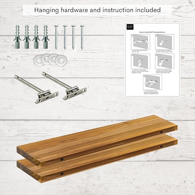 Teak Wood Floating Shelves Perfect for Bathroom Décor Pack of 2 Wooden Wall Shelves for Bedroom Living Room Kitchen Simple Minimalist Home Décor 30” x 6.7”