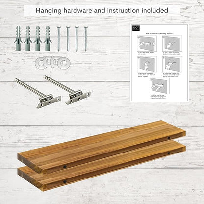 Teak Wood Floating Shelves Perfect for Bathroom Décor Pack of 2 Wooden Wall Shelves for Bedroom Living Room Kitchen Simple Minimalist Home Décor 30” x 6.7”
