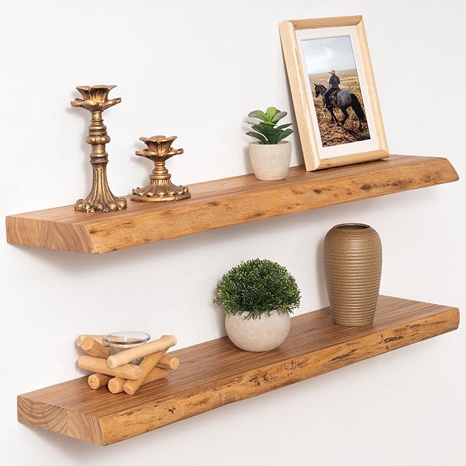 Marsmiles 30 inch Floating Shelves for Wall Elm Wood Live Edge Shelves|Rustic Wall Shelves with Invisible Heavy-Duty Bracket for Bathroom Living Room Kitchen|Natural, 2 Pack