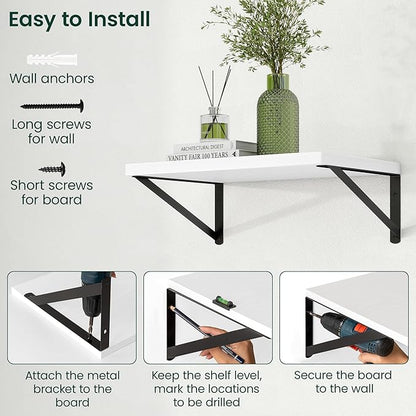 Floating Shelves, 12 Inch Deep Rustic Wood Wall Storage, 48W x 12D Wall Shelves Set of 2, Heavy Duty Metal Brackets, Large Industrial Book Shelf for Living Room, Kitchen, Bedroom, White