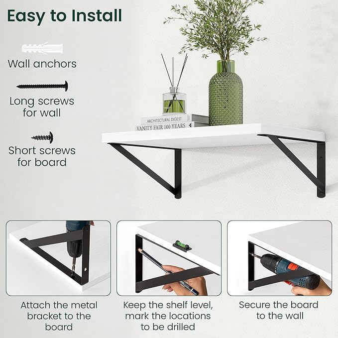 Floating Shelves, 12 Inch Deep Rustic Wood Wall Storage, 24W x 12D Wall Shelves Set of 2, Heavy Duty Metal Brackets, Large Industrial Book Shelf for Living Room, Kitchen, Bedroom, White