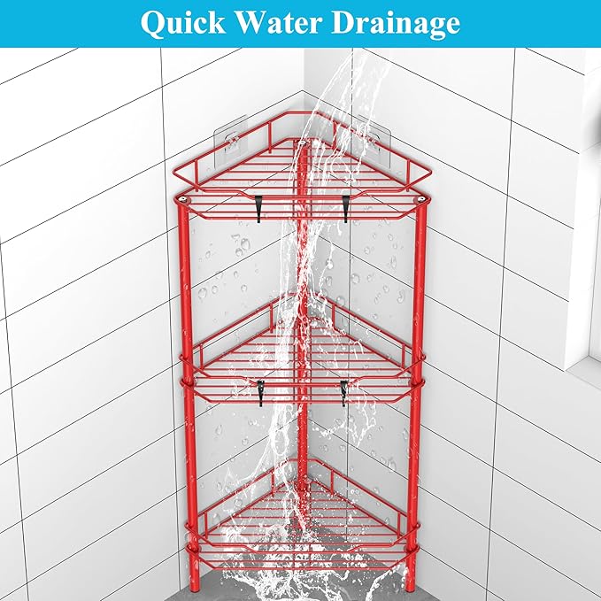 3 Tier Floor Standing Corner Shower Caddy Organizer Shelf with Hooks, Bathroom Shelves Stand Rack, Red
