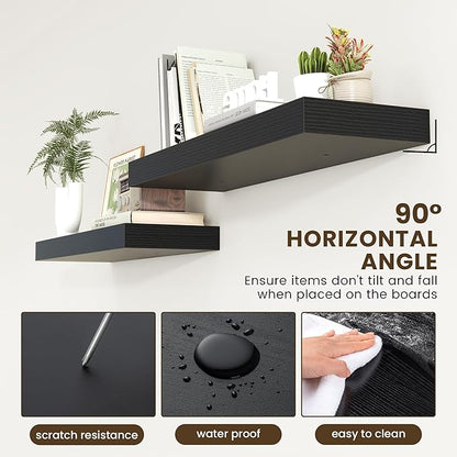 12 Inch Deep Floating Shelves | 36 Inch Black Floating Shelves | 36" W x 12" D Rustic Wood Shelves for Wall | Deep Black Shelves for Living Room Bathroom Laundry Room Kitchen