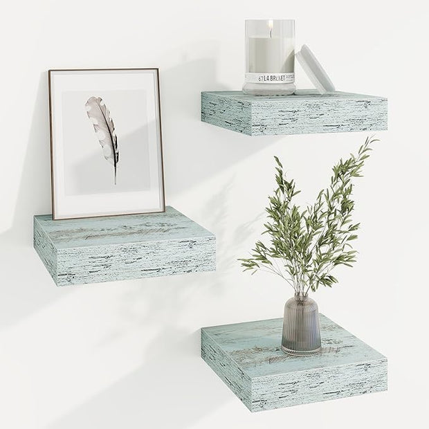 Marsmiles Square Floating Shelves for Wall, 8" W x 8" D x 1.25" H, 3 Pack Small Wall Mounted Engineered Wood Shelves with Invisible Brackets for Living Room, Bedroom, Bathroom, Kitchen Decor, Blue