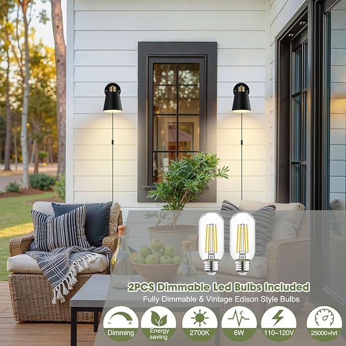 Plug in Wall Sconces Set of 2, Dimmable Wall Lights with Plug in Cord and Dimmer On/Off Knob Switch, Adjustable Angle Black Wall Mounted Lamp for Bedside Bedroom Living Room (2 Bulbs Included)