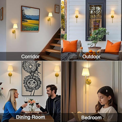 10,000mAh Rechargeable Battery Operated Wall Lights with Fabric Shade, Wireless Sconces with Remote and Touch Control, Dimmable 3 Color Temperature for Bedroom Living Room Hallway,Gold 2PCS