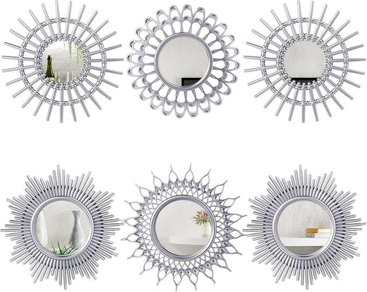 Namalu 6 Pcs Mirrors - Small Circle Sun Mirrors for Decorative Wall Art - Entryway, Bathroom, Bedroom, Living Room (Silver, Classic)