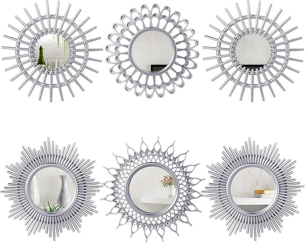 Namalu 6 Pcs Mirrors - Small Circle Sun Mirrors for Decorative Wall Art - Entryway, Bathroom, Bedroom, Living Room (Silver, Classic)