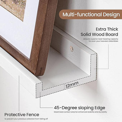 Fun Memories Picture Ledge Shelf, Solid Pine Wood Floating Shelves Set of 4, 16 Inches Nursery Book Shelves for Toys Storage, Kids Bookshelf Wall Mounted for Living Room Decor Photo Frames, White