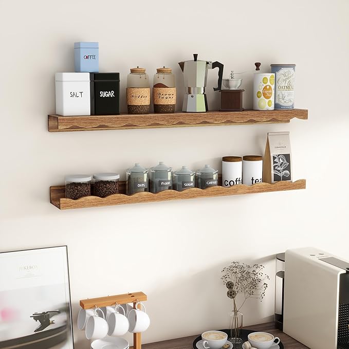 Fun Memories Picture Ledge Shelf for Wall, 36 inch Pine Wood Nursery Book Shelves Set of 2- Wall Book Shelves for Kids Room, Home Decor - Kitchen Spice-Carbonized