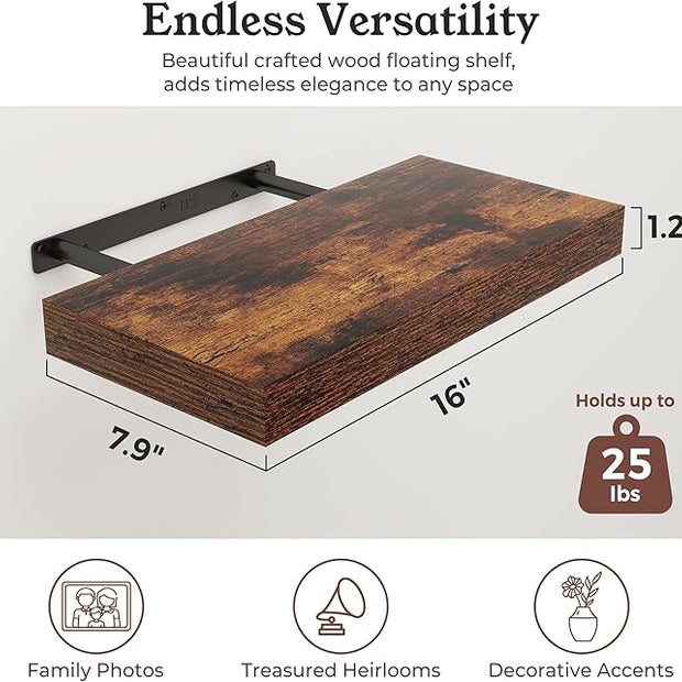 Floating Shelves for Wall, 7.9" Deep Wall Mounted Wood Shelves for Bathroom, Bedroom, Living Room, Kitchen, Hanging Shelf for Books/Storage/Room Decor (Brown, 16")
