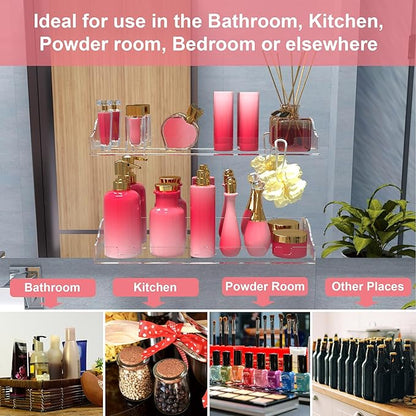 Acrylic Shelves Bathroom 2 Pack Clear Shower Floating Shelf with Hooks Transparent Wall Mounted No Drilling Thick Storage Display Shelving (2 Pcs Shelves)