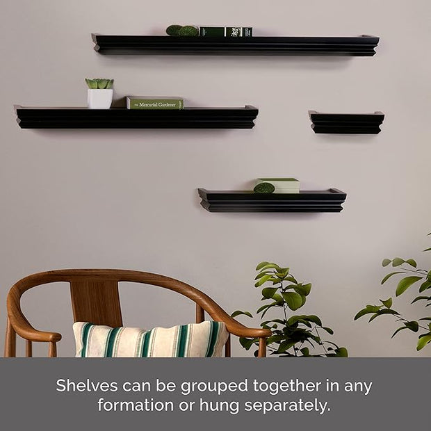 MELANNCO Floating Crown Molding Shelves for Bedroom, Living Room, Bathroom, Kitchen, Nursery, Set of 4, Black