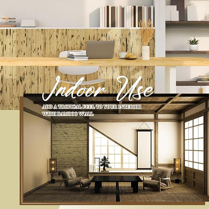 Juexica 2 Pcs Natural Bamboo Wall Panel for Interior Wall 48''x96'' Bamboo Covering Renewable Pole Wainscoting Room Divider Wrap Decor for Bedroom Living Room Kitchen Island Office (Light Burned)
