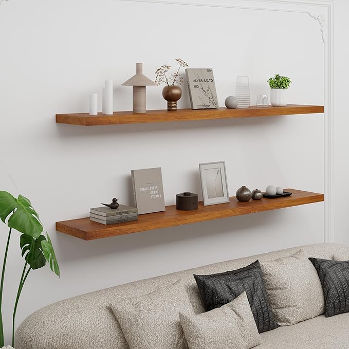 IAE Floating Wall Shelves 55 inch,Bathroom Shelving Wall Mounted,Invisible Shelf Floating Kitchen Shelves,Wooden Wall Shelf with Brackets for Living Room Wall Mounted,Easy Install,Set of 2,Teak