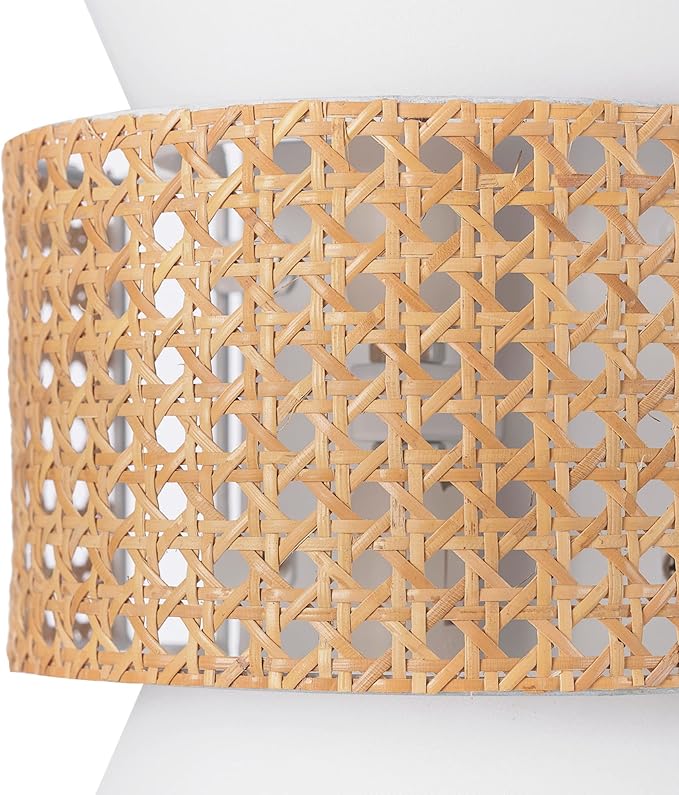 Globe Electric 65925 2-Light Plug-in or Hardwire Wall Sconce, Matte White Fabric Shade with Natural Rattan Accent, 6ft Braided Cord, in-Line Rocker Switch, Modern Lighting for Apartments or Renters