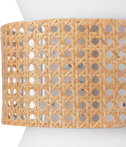 Globe Electric 65925 2-Light Plug-in or Hardwire Wall Sconce, Matte White Fabric Shade with Natural Rattan Accent, 6ft Braided Cord, in-Line Rocker Switch, Modern Lighting for Apartments or Renters