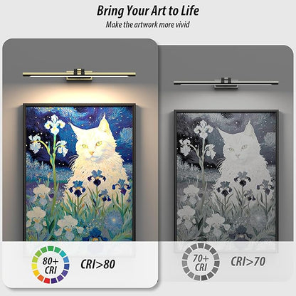 Brass Picture Light for Wall - 24inch Dimmable & Rechargeable Art Light with Extendable Arm, 25H Light Time, Angle Adjustable, 3 Color Temperatures Timer - Perfect for Paintings and Home Decor
