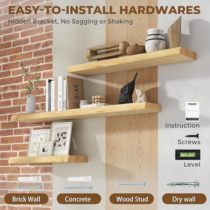 RICHFOCUS Floating Shelves for Wall 48 Inch Solid USA-Sourced Oak Wooden Shelves for Bathroom Kitchen 9" Deep Modern Wood Shelf with Heavy-Duty Bracket for Wall Mounted, Natural Finish