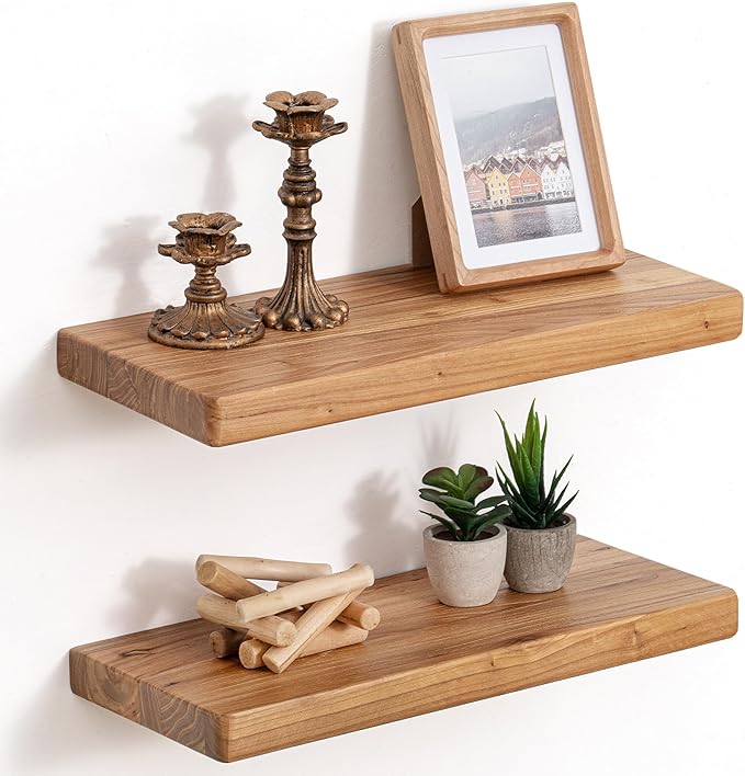 Floating Shelves for Wall, 18"Wx8"D Rustic Solid Elm Wood Floating Shelves Wall Mounted, Round Edge Wall Shelves with Invisible Bracket for Living Room Bathroom Bedroom Kitchen, Set of 2, Natural