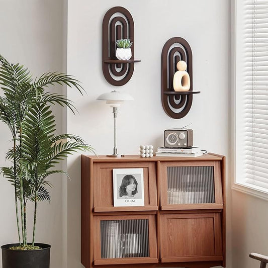 Boho Decor Wall Floating Shelves with Arched Wood Design, Decorative Wall Mounted Display Shelf Set of 2 for Bedroom Living Room, Dark Brown