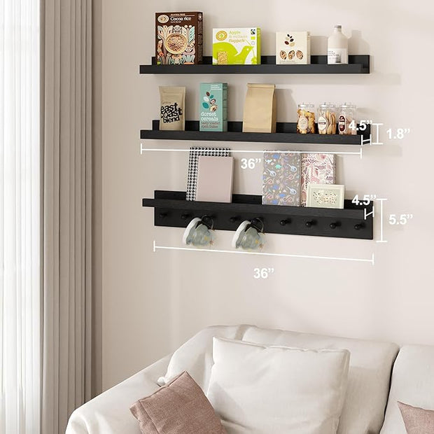 MBYD Floating Wooden Wall Shelves Black, Nursery Floating Bookshelf for Kids Room, Wall Mount Book Shelves with Hooks for Living Room Bedroom Bathroom, 36 Inch Picture Ledge Shelf Set of 3
