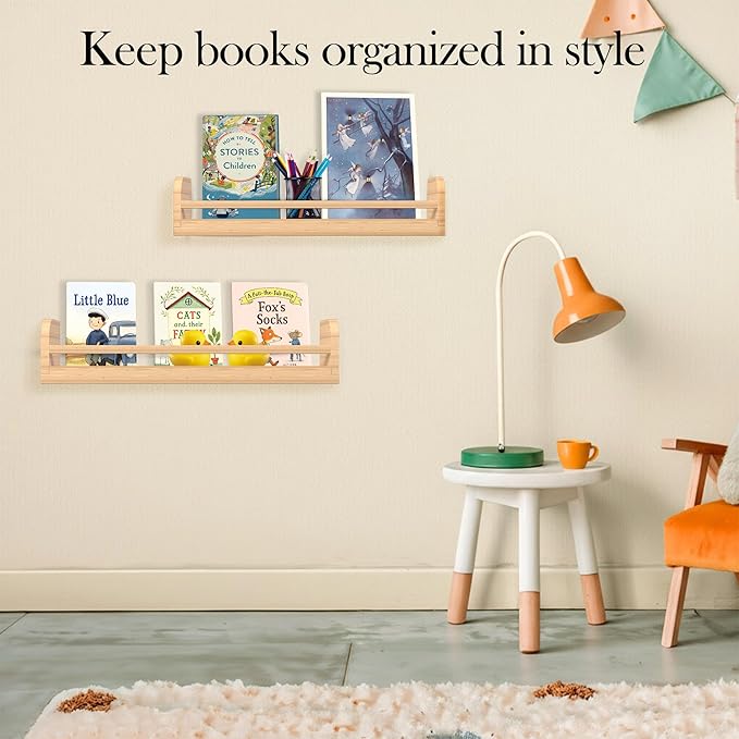 Floating Nursery Book Shelves, 16.5 inch Wall Book Shelves Kids Room, Set of 2 Baby Shelves for Nursery Décor, Ideal Wooden Nursery Shelves for Kids Room, Bedroom Bathroom and Kitchen (Natural Wood)