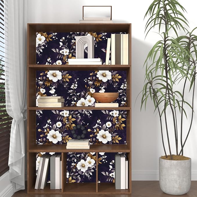 Vintage Floral Wallpaper Peel and Stick Purple White Flowers Contact Paper 17.5" x 118" Wall Paper Self Adhesive Vinyl Waterproof Removable for Kitchen Bathroom Shelves Cabinet Drawer Table Decor