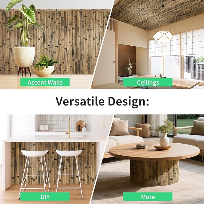 Natural Bamboo Wall Panel for Interior Wall Decor, Renewable Pole Wrap Wainscoting Paneling for Wall Ceiling Furniture Cabinet Office, 48 x 96 Inch, Dark Burned