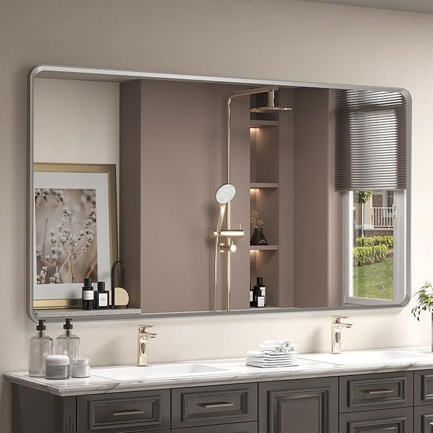 OKPAL 66x36 Silver Bathroom Mirror for Wall, Brushed Metal Framed Bathroom Vanity Mirror, Modern Rounded Corner Rectangle Mirror, Anti-Rust (Horizontal/Vertical)