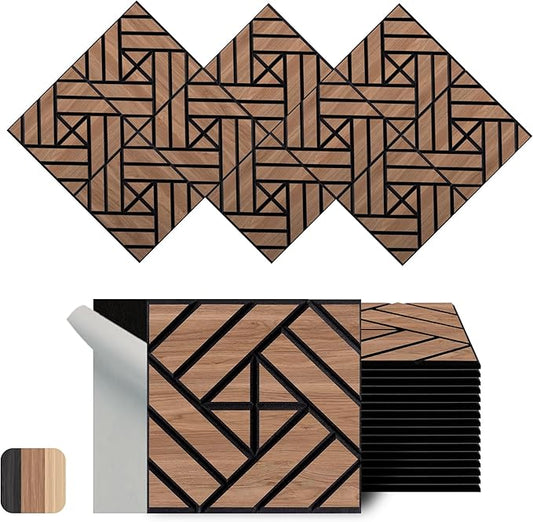 WoveN SounD Artisan Acoustic Wall Panels, 16 Pack 12x12 Inch, Wood Veneer Carved Sound Proof Wall Decor, Self-Adhesive for Home, Studio, Office & Focus Zones, Grid Weave, Teak