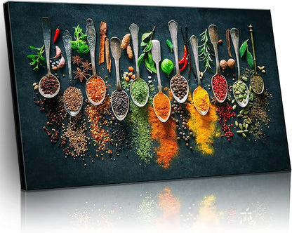 Framed Large Kitchen Wall art Pictures Decor Couful Spice in Spoon Vintage Canvas Wall Art Food Photos Painting On Canvas Home Decoration Gift Ready to Hang 24x36inch