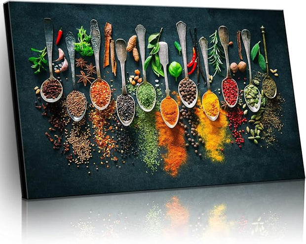 Framed Large Kitchen Wall art Pictures Decor Couful Spice in Spoon Vintage Canvas Wall Art Food Photos Painting On Canvas Home Decoration Gift Ready to Hang 24x36inch