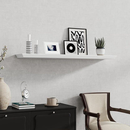 Fun Memories Floating Shelves 48 Inch Long, 9.3 Inch Deep Classic Crown Molding Floating Shelves for Wall, Rustic Wooden Shelves for Wall Decor Bathroom, Kitchen, Office, (White, 1Pack)
