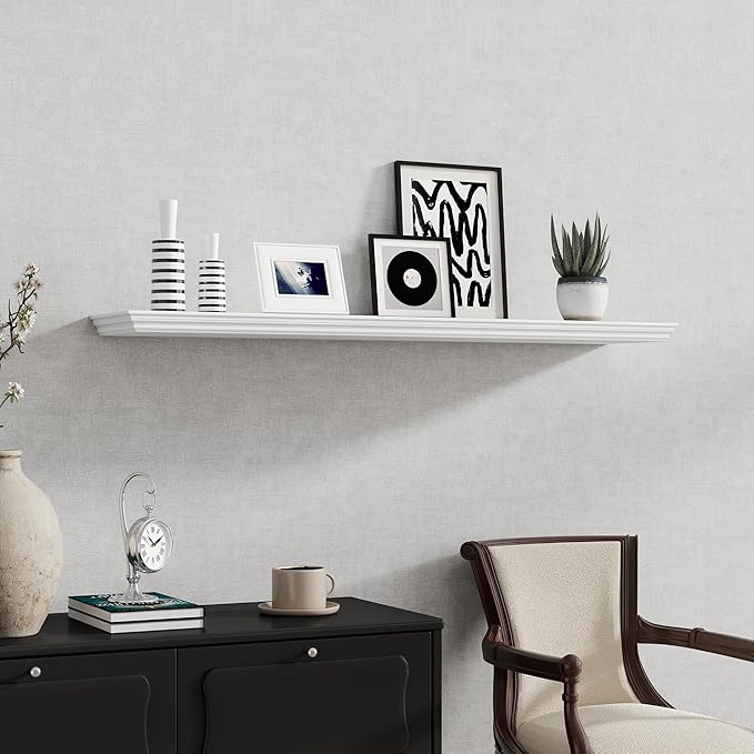 Fun Memories Floating Shelves 48 Inch Long, 9.3 Inch Deep Classic Crown Molding Floating Shelves for Wall, Rustic Wooden Shelves for Wall Decor Bathroom, Kitchen, Office, (White, 1Pack)