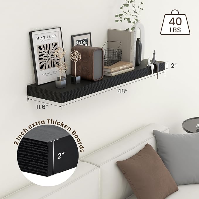 48 Inch Black Floating Shelf | 12 Inch Deep Floating Shelves Set of 1 | 48