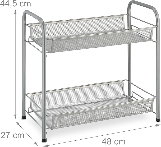 Relaxdays Spice Rack, 2 Levels, Table Kitchen & Bathroom, Make-Up, Perfume, Metal Shelf, 44.5x48x27cm, Silver, Steel, 44.5 x 48 x 27 cm