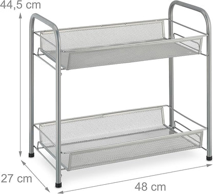 Relaxdays Spice Rack, 2 Levels, Table Kitchen & Bathroom, Make-Up, Perfume, Metal Shelf, 44.5x48x27cm, Silver, Steel, 44.5 x 48 x 27 cm