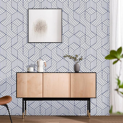 WENMER 17.7" x 590" Geometric Hexagon Peel and Stick Wallpaper - Blue and White Contact Paper, Removable Self Adhesive Vinyl Film for Home Use