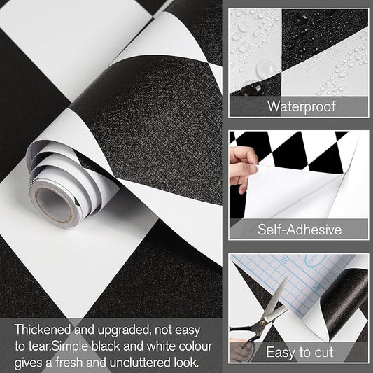 Black and White Peel and Stick Wallpaper Diamond Wallpaper Rhombus Contact Paper 17.3"x200" Lattice Self Adhesive Waterproof Vinyl Roll for Bathroom Kitchen Backsplash Cabinets