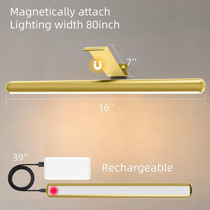 Battery Picture Lights 16 inch-2PACK , Wireless Rechargeable Painting Light for Art with Remote, Full Metal Led Picture Lights Dimmable Wall Light for Portraits, Dartboard, Gallery-Gold with Patent