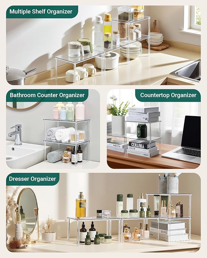 Acrylic Cabinet Organizer, Set of 4 Spice Rack Organizer for Cabinet, Desk Countertop Shelf Organizer, Pantry Kitchen Storage and Organization, Stackable Shelves House Essentials for Gift